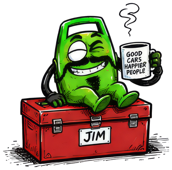 Jumper Jim relaxing on a red toolbox labeled Jim, winking and holding a mug that reads Good Cars, Happier People