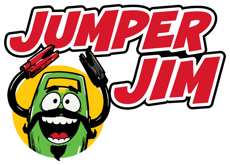 Jumper Jim logo: a smiling green jump-starter mascot holding up red and black jumper clamps