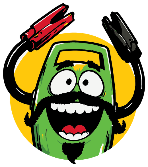 Jumper Jim, the green jump-starter mascot, grinning with his red and black clamps raised